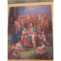 Икона Иисус Христос с детьми редкая на дереве 12/12