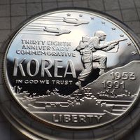 США 1 доллар 1991 года, 38 годовщина войны в Корее. Серебро 900 пр.