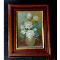 Картина маслом на холсте "Цветы". Размер с багетом 20-25 см.