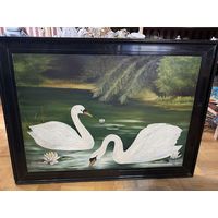 Картина фанера маслом пара лебедей
