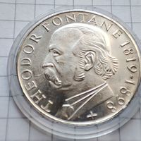 5 марок ФРГ 1969 года . В честь 150-летию со дня рождения Теодора Фонтане. Серебро.