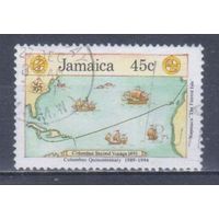 [120] Ямайка 1990. Корабли.Парусники.Колумб.Карта. Гашеная марка.
