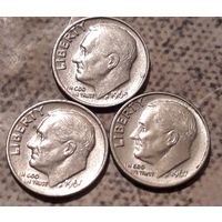 10 центов ( дайм) 1965.1966.1967 США  без обозначения МД 3 монеты
