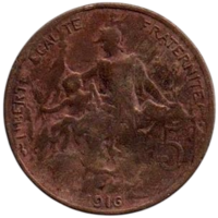 ФРАНЦУЗСКАЯ РЕСПУБЛИКА. 5 САНТИМОВ 1916. ЗВЕЗДА. МАДРИД