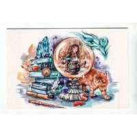 Открытка. Фэнтези. Гарри Поттер. Гермиона. Рыжий кот. Книги. Художник.Захарова Е. (чистая)