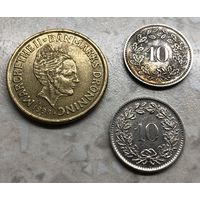 Дания 20 крон, Швейцария 10 раппенов (2 шт.)