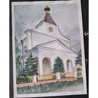 Церковь Святого Дмитрия Солунского в Щорсах. Акварель. Бумага. Студенческая работа. 21х27 см