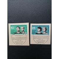 ГДР 1958 Полная серия марок на вырезках "10 лет организации по соблюдению прав человека (UNO)" (спецгашение) Mi.669-670 каталог 2.20 евро