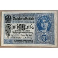 Германия, 5 марок 1917 г., Ro.54b, DEU-61d, X.#8. Рис. серо-голубой. Серии D, C, D, E, F, G, H, I, J, K, L, M, N, O, P, Q.