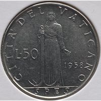 Ватикан 50 лир 1958 г. Надпись на аверсе "P.M.AN.". В холдере