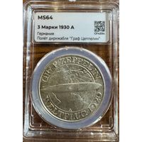 3 марки 1930А Германия Полет дирижабля граф Цеппелин мини-слаб MS64
