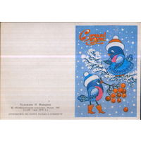 Чистая двойная мини-открытка без перегиба 1987г. "С Новым годом! Птички с рябиной" худ. И. Макарова