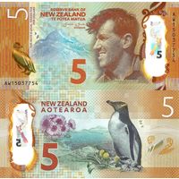 Новая Зеландия 5 долларов образца 2015 года UNC p191 серия АХ
