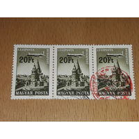 Венгрия 1967 Авиапочта Города и самолеты Сцепка 3 марки. Двойное гашение
