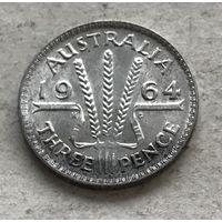Австралия 3 пенса 1964 Елизавета II - серебро 0,500, последний год чекана