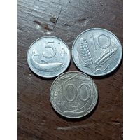 Италия 5 лир 1972 , 10 лир 1969 и 100 лир 1998 года .