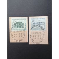ГДР 1959 Полная серия марок на вырезках "150 лет со дня рождения композитора Феликса Мендельсона Бартольди" (спецгашение) Mi.676-677 каталог 7.00 евро