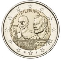2 евро 2021 Люксембург 100 лет со дня рождения Великого Герцога UNC из ролла