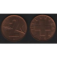 Швейцария km47 2 раппен 1957 год (B) (1