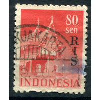 Индонезия - 1950г. - стандартный выпуск, цифры, архитектура, надпечатка RIS, перфорация 12 1/2, 80 S - 1 марка - гашёная [Mi 55]. #4-W2-129-A-1