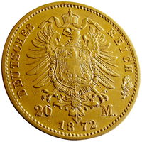 Вюртемберг, 20 марок 1872 г. (F) - м.д. Штутгарт, сост. AU, золото 900/ 7,965 г, Карл I, KM# 622, тираж 662 000 шт. Доставка только при личной встрече, связь по телефону или мессенджеру.