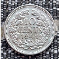 Нидерланды 10 центов 1941 года. Королева Вильгельмина. II Мировая война. Серебро! Сторгуй за свою цену, предложи обмен!