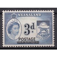 162.BrK. Великобритания. Колонии. Ньясаленд. Елизавета II. Надпечатка POSTAGE. 1963 г. 3d. Mi.#117.
