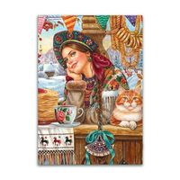 Открытка. Фольклор. Традиции. Девушка. Зима. Интерьер. Масленица. Рыжий кот. Чаепитие. Художник Е.Буторина (чистая)