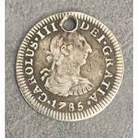 Монета 1/2 Реала 1785 год. Мексика. Карл III. Испанская колония.
