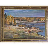 Катков С.П "Осень над водой", 1960 г. Холст, масло на картоне. Размер 50х70 см.