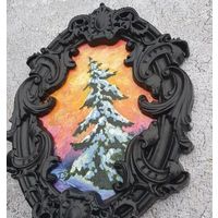 Картина маслом "Ель" в гипсовой рамке ручной работы