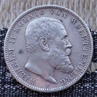 Германия 3 марки 1909 года, F. Вильгельм II Вюртембергский. Серебро! Сторгуй за свою цену, предложи обмен! Y125