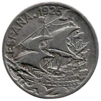 КОРОЛЕВСТВО ИСПАНИЯ. 25 СЕНТИМО 1925. КАРАВЕЛЛА. ПАРУСНИК