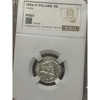 3 гроша 1593  MS61 штемпельная!