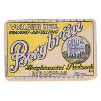 Этикетка пива Bergbrau Германия П757