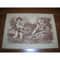 Дети Рыбалка Гравюра Открытка Винтажная  Издание НР Чистая