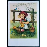 Девочка вяжет. Болгария. 1960 г. Подписана.