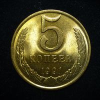5 КОПЕЕК 1991 ЯРКИЙ ШТЕМПЕЛЬНЫЙ ЛЮКС ( БЕЗ МЦ ) КОРОТКИЙ АУК