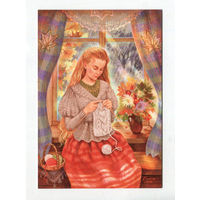 Открытка. Рукоделия. Фольклор. Вязание. Девушка. Окна. Цветы. Осень. Худ. Таня Сытая (чистая)