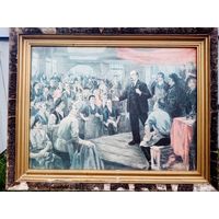 С рубля без мц. картина-принт "Ленин на заводе", 1978г. на ткани. Москва СССР, 71х57см.