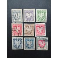 Польша 1919 Неполная серия марок без перфорации "GALIZIEN" выпуска "Гербовый щит" (гашеные, есть наклейки) Mi.54-56,58-59,61-64 каталог 4.20 евро