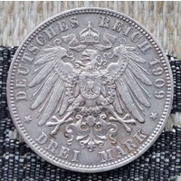 Германия 3 марки 1909 года, E. Серебро! Сторгуй за свою цену, предложи обмен! S100