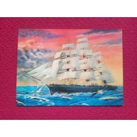 Парусник, корабль. Стерео открытка. Япония. Чистая.