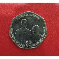 Остров Мэн 50 пенсов 2017 Свадьба Елизаветы и Филиппа 1967-2017