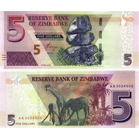 Зимбабве 5 долларов 2019 год UNC