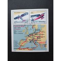 Польша 1982 Блок Mi.87 с марками "Участие в турне по Европе на туристическом самолете "Сhallenge"" (гашение с клеем) Mi.2806-2807 каталог 2.60 евро