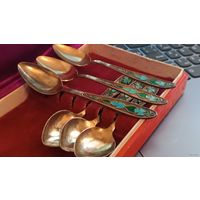 Кофейные ложки 6 шт. Горячая эмаль. Серебро 875 проба. Позолота в родной коробке.