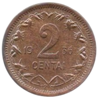 ЛИТОВСКАЯ РЕСПУБЛИКА /ПЕРВАЯ РЕСПУБЛИКА/. 2 ЦЕНТА 1936. ПАГОНЯ. AUNC