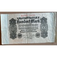 Германия 100 марок 1922 год, Ro.72, DEU-83, Х.#8. Серии A, B,.. авторский рисунок начала прошлого века правый верхний угол