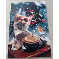 Посткроссинг. Открытка "Капуччино", худ.Лорри Кайенна (10х15). Прошла почту. Марки, чёткий штемпель.